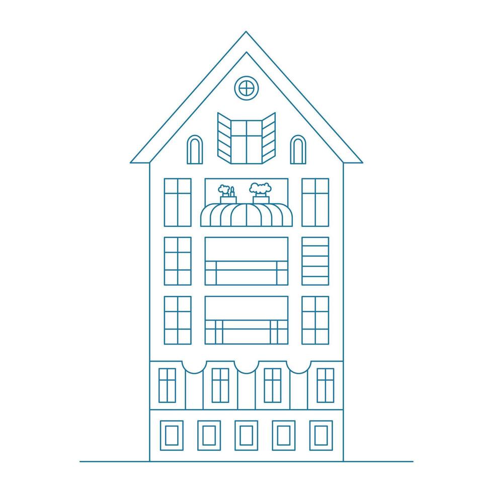 Line art illustration with suburban cityscape. Five houses and one church. vector