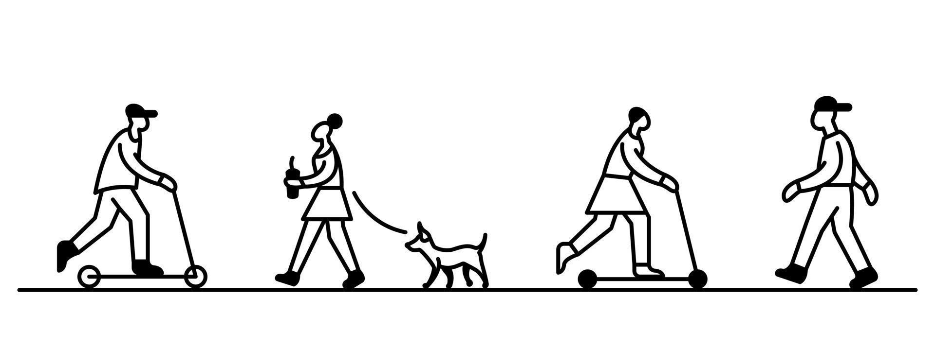 Group of walking and driving people. vector