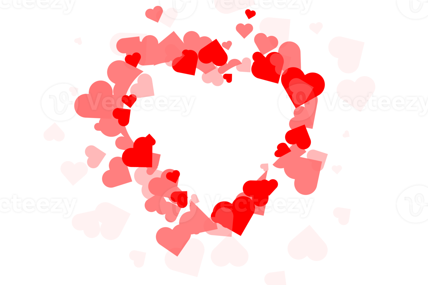 shape confetti splash with white heart inside for copy space. Valentine's Day background congratulation card. Heart form of a lot of small hearts on gradient pink background png