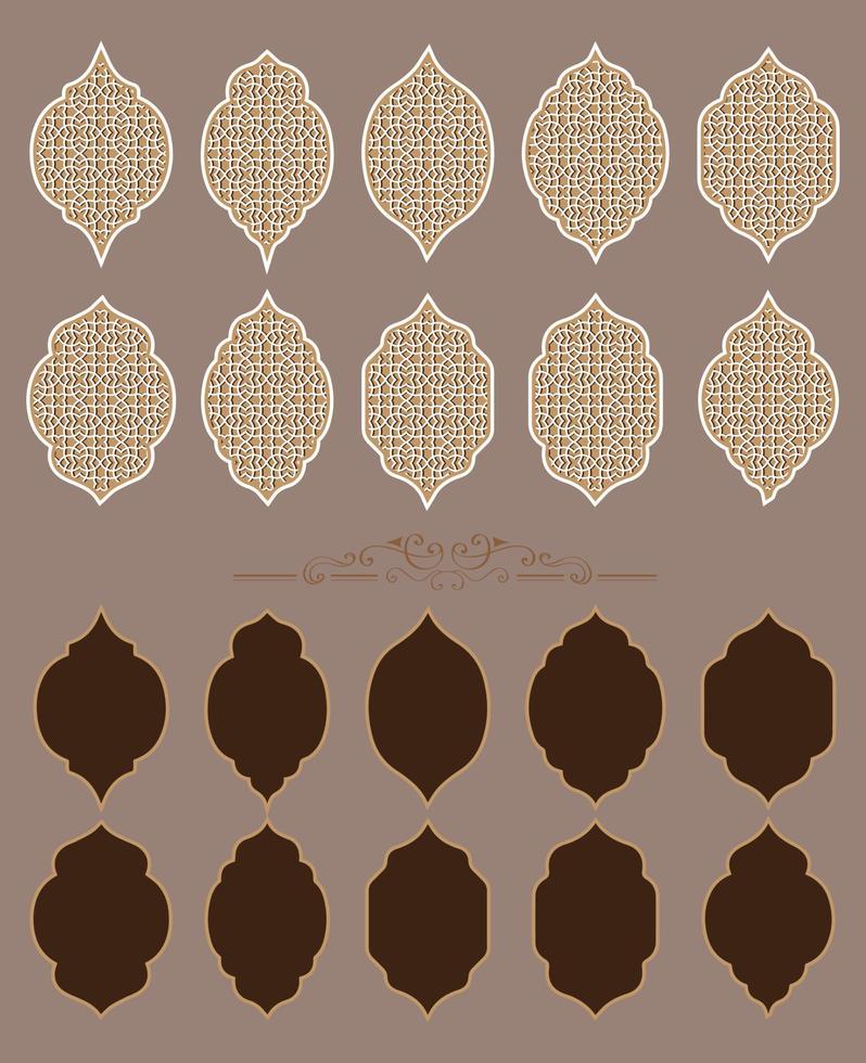 Collection of oriental style Islamic windows and arches with modern boho design, moon, mosque vector
