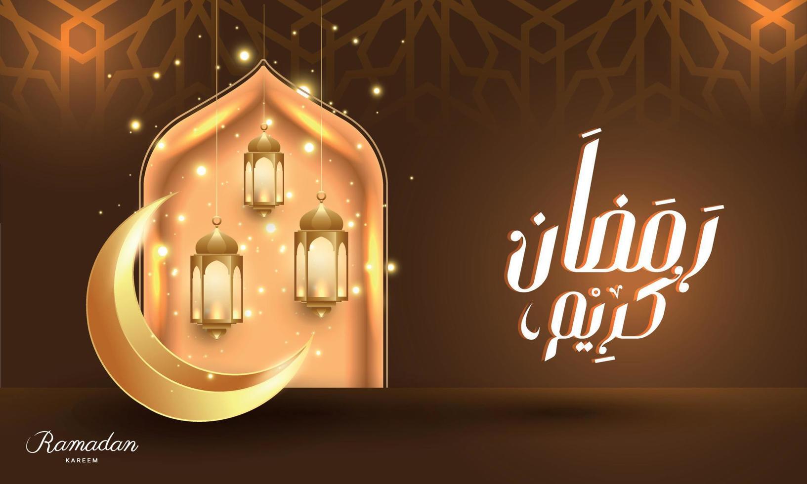 tipografía árabe ramadan karim con luna y fanous, oro, fondo islámico vector
