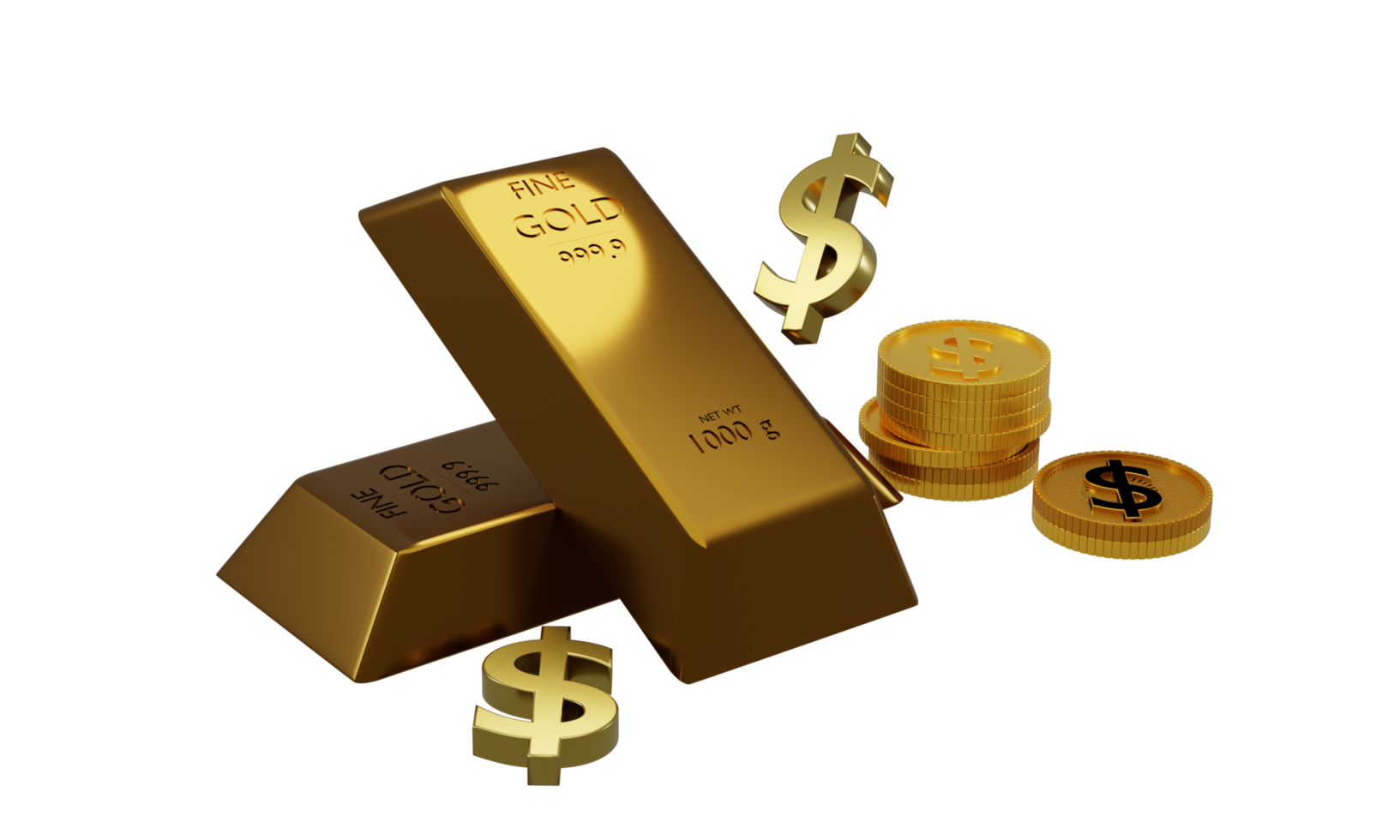 3D-Rendering Goldbarren und Dollarzeichen Konzept Devisenhandel bei der Investition von Investoren Transparenz png