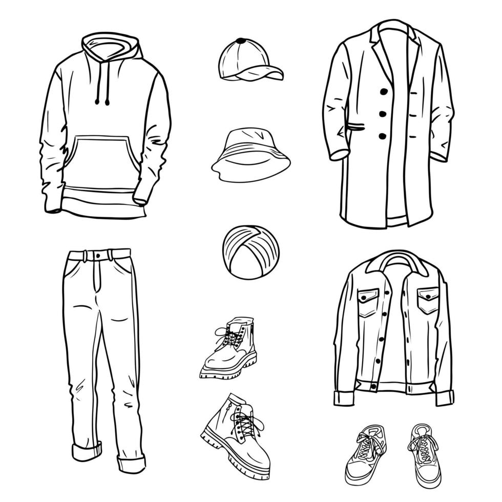 Hand drawn set of men s casual clothes sketches. Hoodie, jeans, topcoat, jacket, snakers, boots, cap, panama hat and turban. Vector isolated outline sketch collection on white background