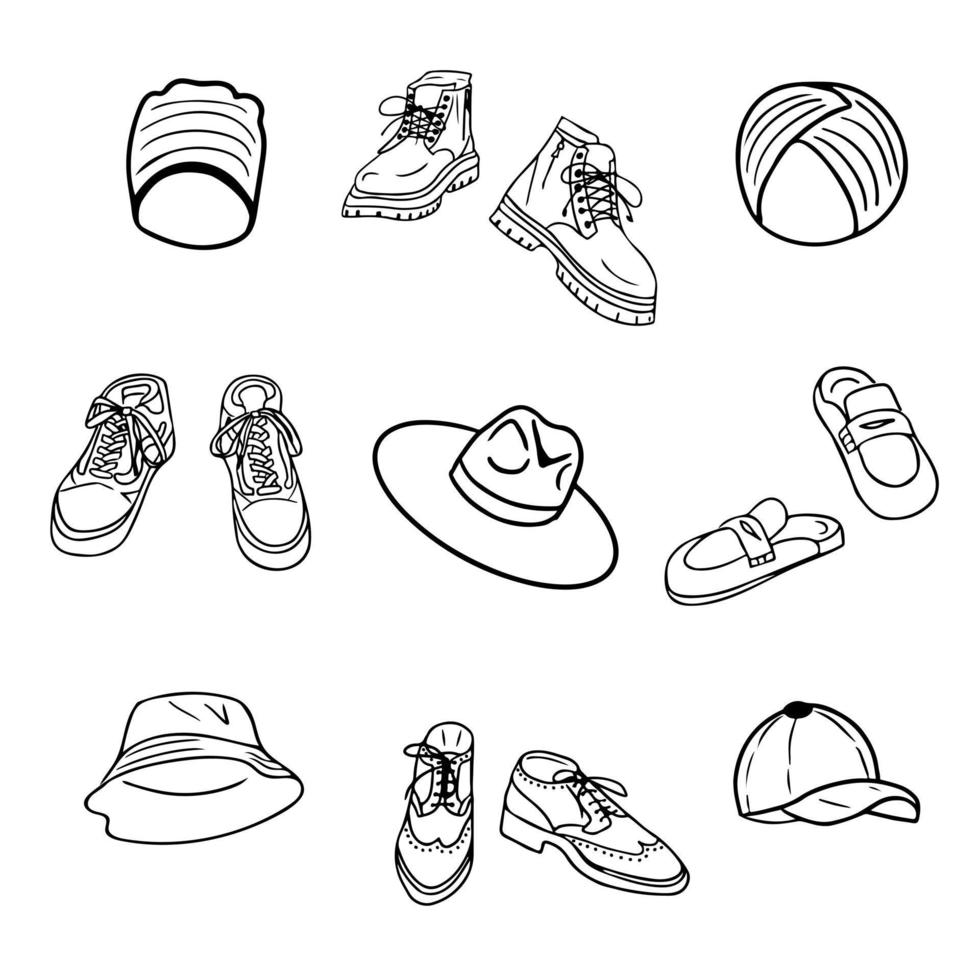 Hand drawn set of men s shoes and hats sketches. Beanie, hat, panama hat, cap, turban, shoes, muli shoes, snackers and boots. Vector isolated outline sketch collection on white background