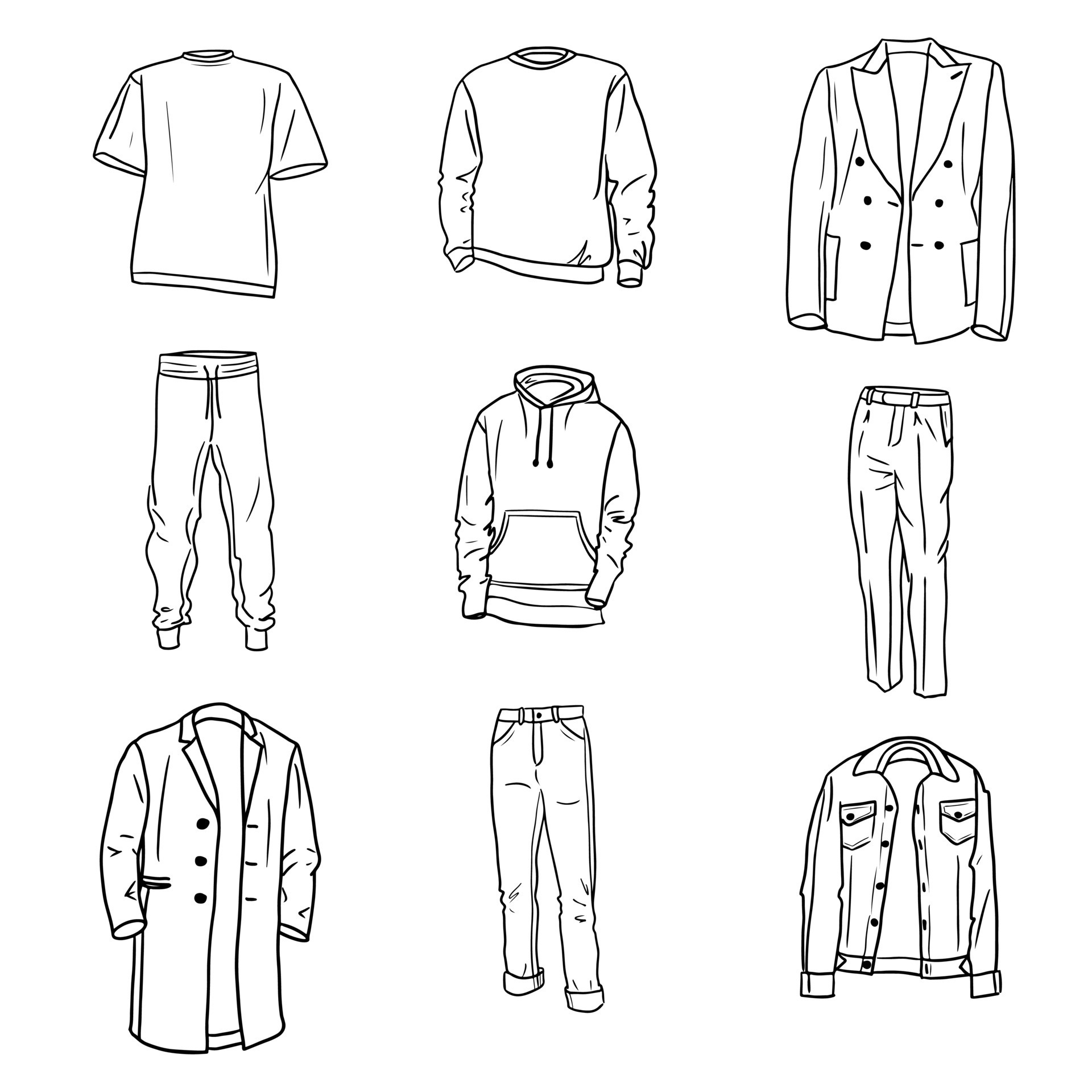 Big hand drawn set of men s everyday clothes sketches. Hoodie, jeans ...