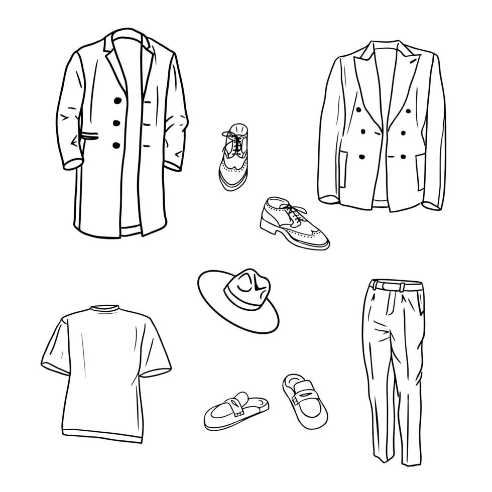 conjunto dibujado a mano de bocetos de ropa elegante para hombres. abrigo, camiseta, chaqueta, pantalón, zapatos, zapatos muli, sombrero. colección de bocetos de contorno aislado vectorial sobre fondo blanco vector