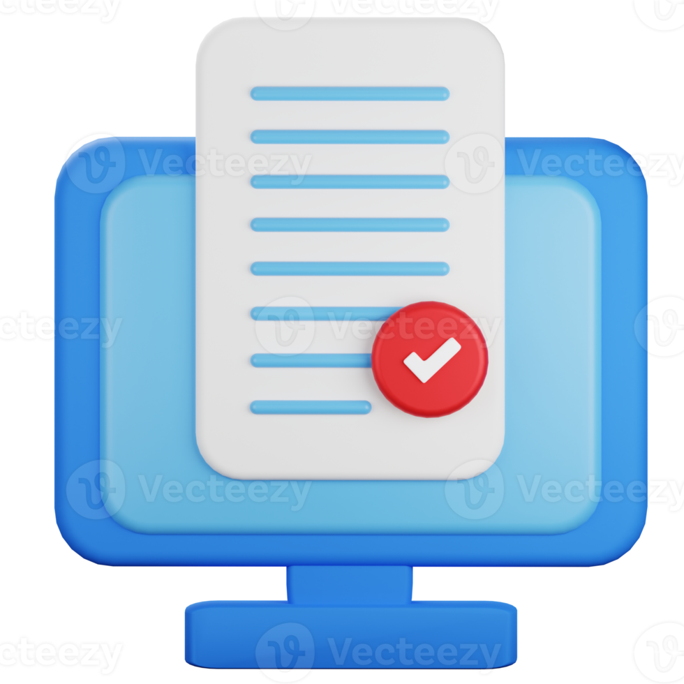 document file with approved check mark on computer screen 3d  icon cartoon minimal style png