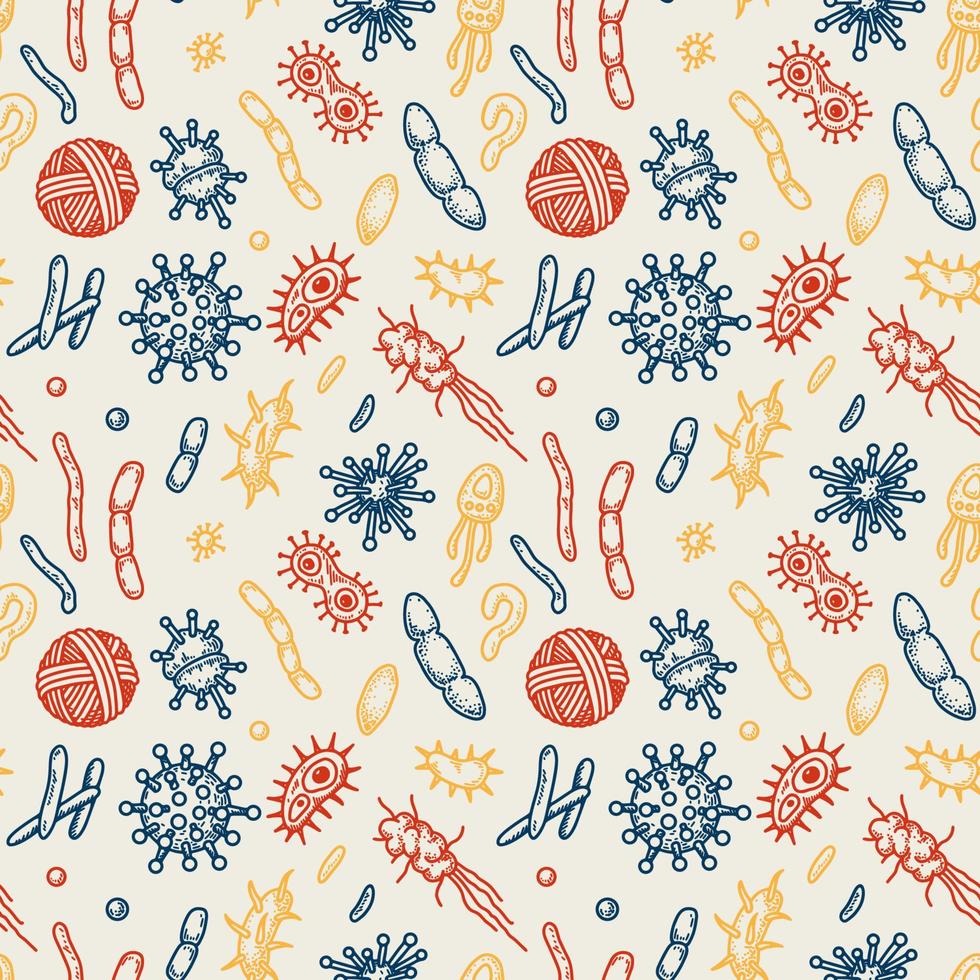 Bacteria and virus seamless pattern. Scientific vector illustration in sketch style. Doodle background