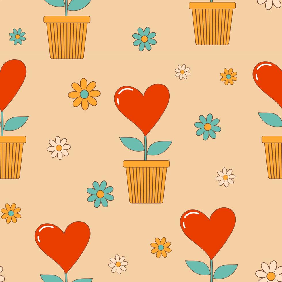 acogedores patrones sin fisuras con flores y corazones maravillosos vintage en una maceta. fondo retro. vector