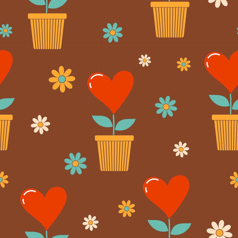 Seamless patterns with vintage groovy flowers and hearts in a flower pot. Retro colors. vector