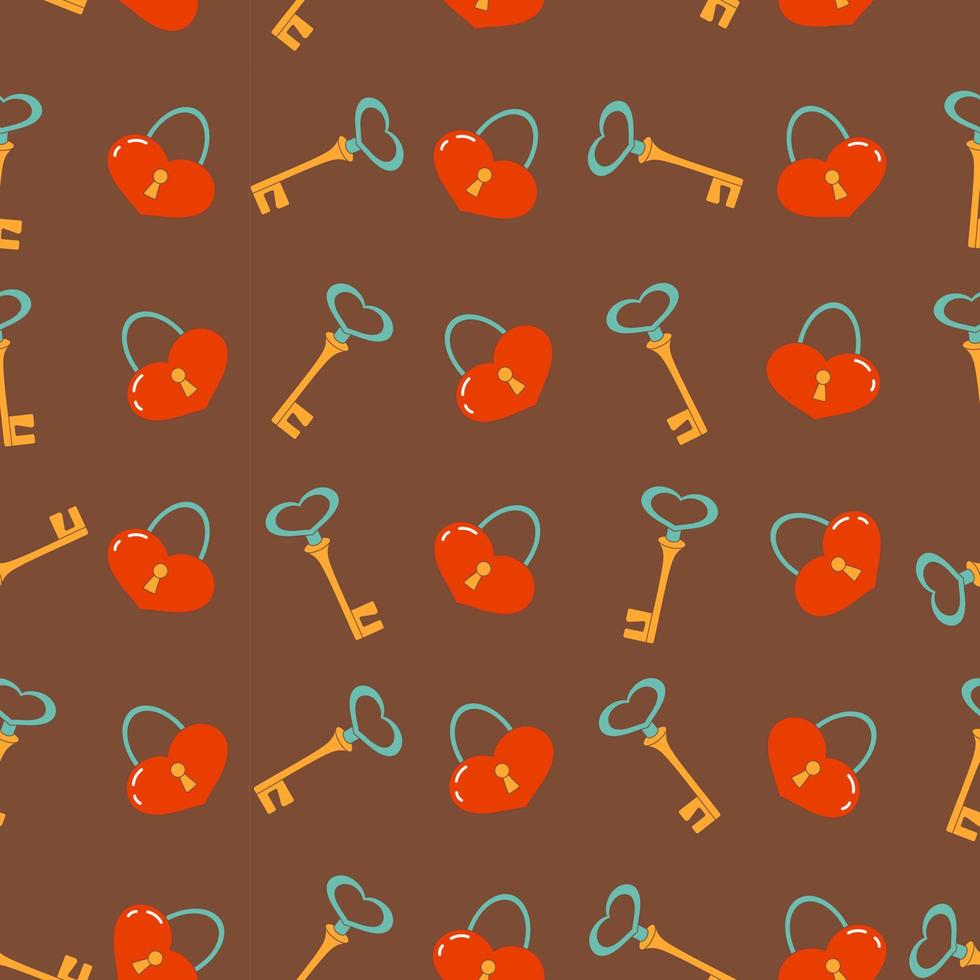 Cozy seamless pattern with vintage locks and keys on a brown background. Retro background for valentine's day. Vector. vector