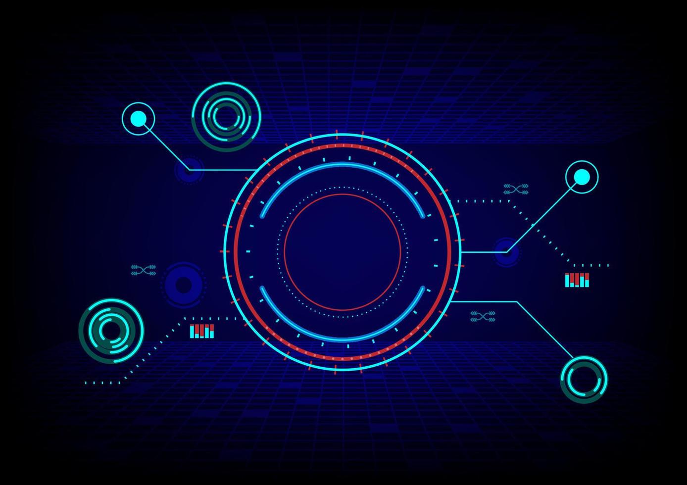 círculo de alta tecnología con una línea colorida y formas rectangulares sobre un fondo abstracto azul y rojo. concepto futurista de comunicación y conexión. ciberespacio e innovación digital vector