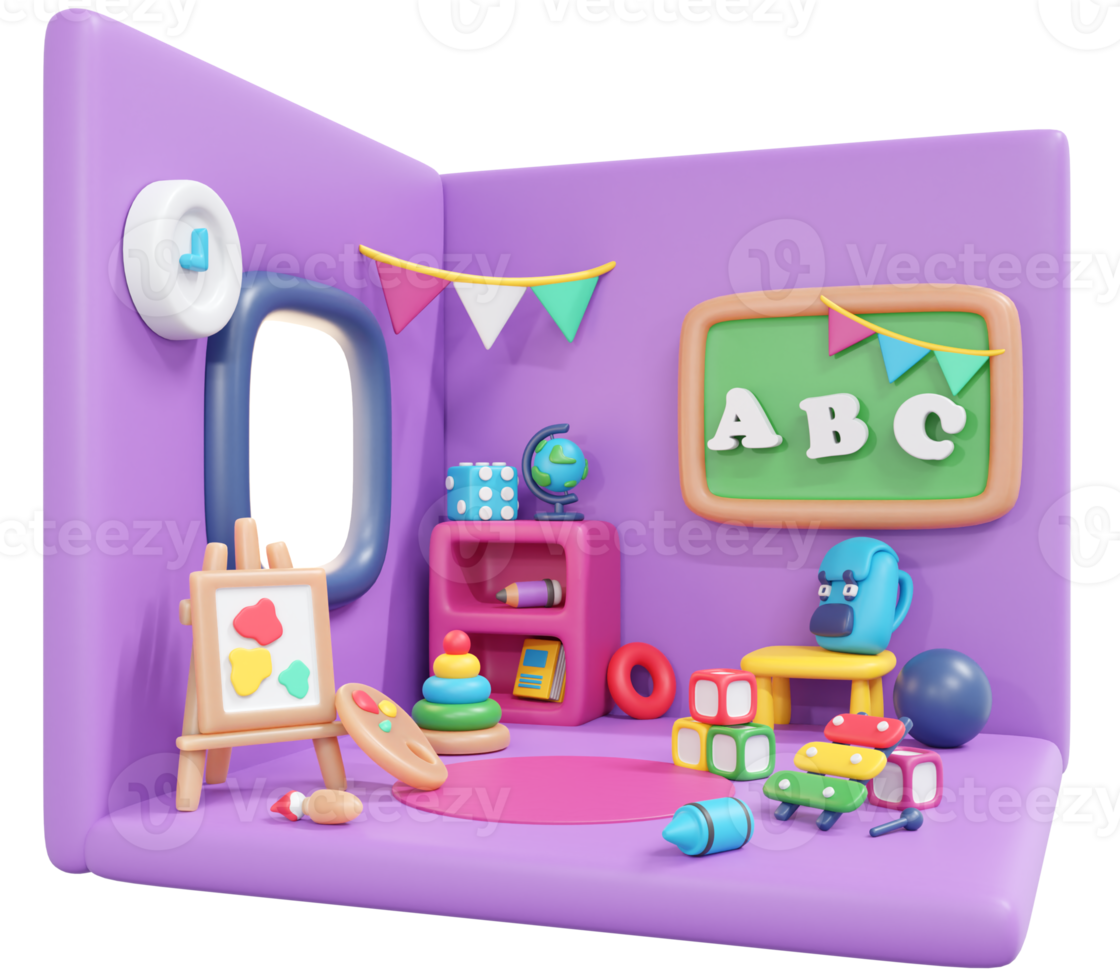 3D Rendering back to school interior play room for toddler cute icon cartoon style. 3D Render illustration. png