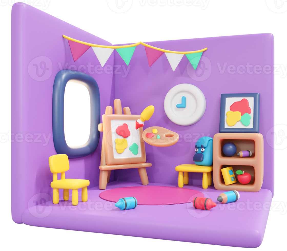 3D Rendering back to school interior room learning art cute icon cartoon style. 3D Render illustration. png