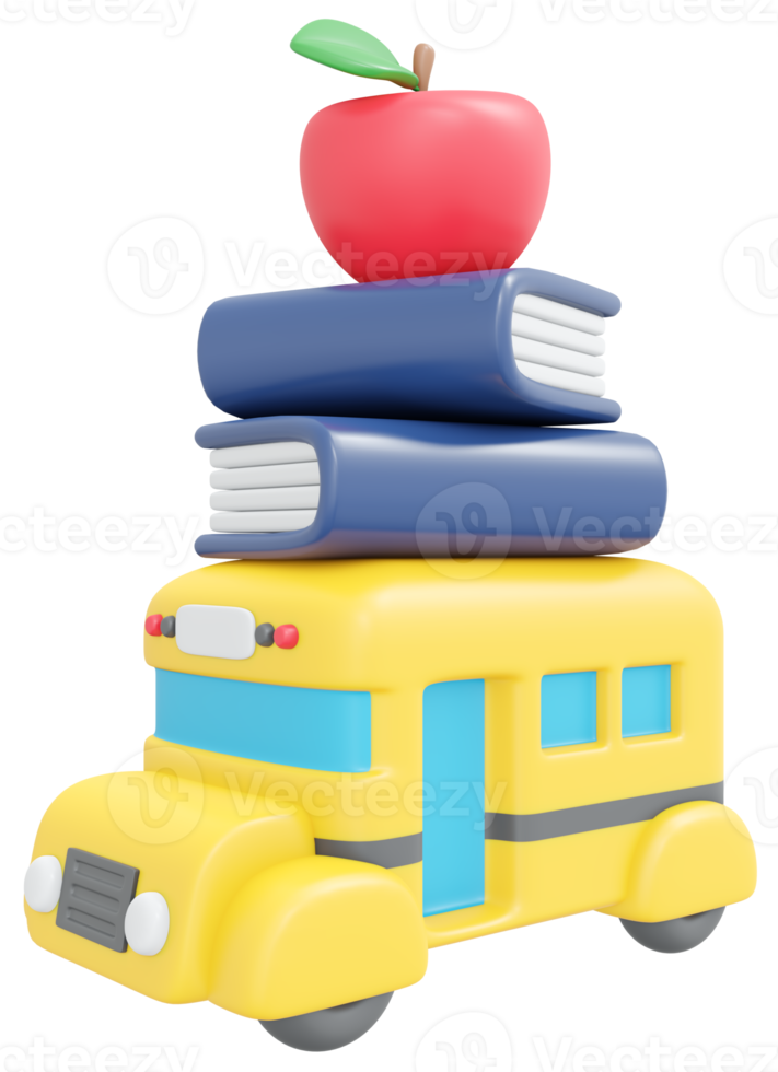 3D Rendering back to school cute bus apple and book icon cartoon style. 3D Render illustration. png