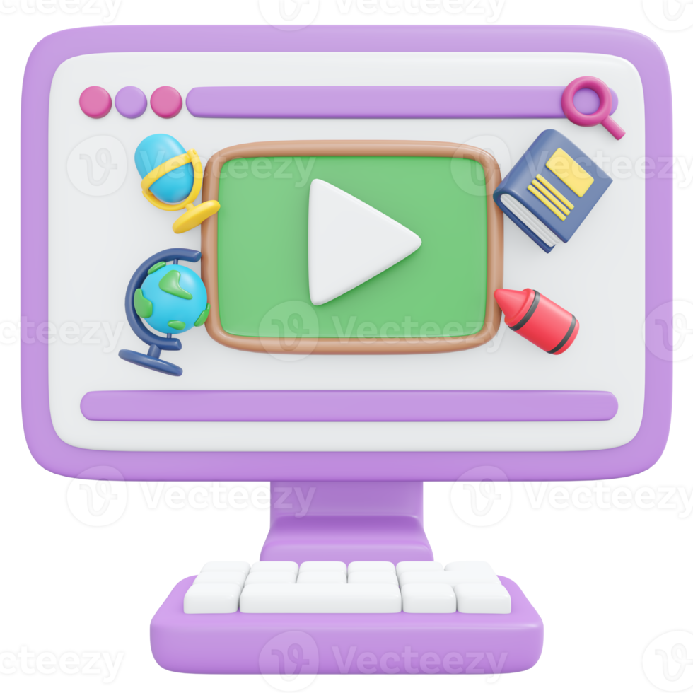 3D Rendering back to school study online on computer with player start button blackboard on browser cute icon cartoon style. 3D Render illustration. png
