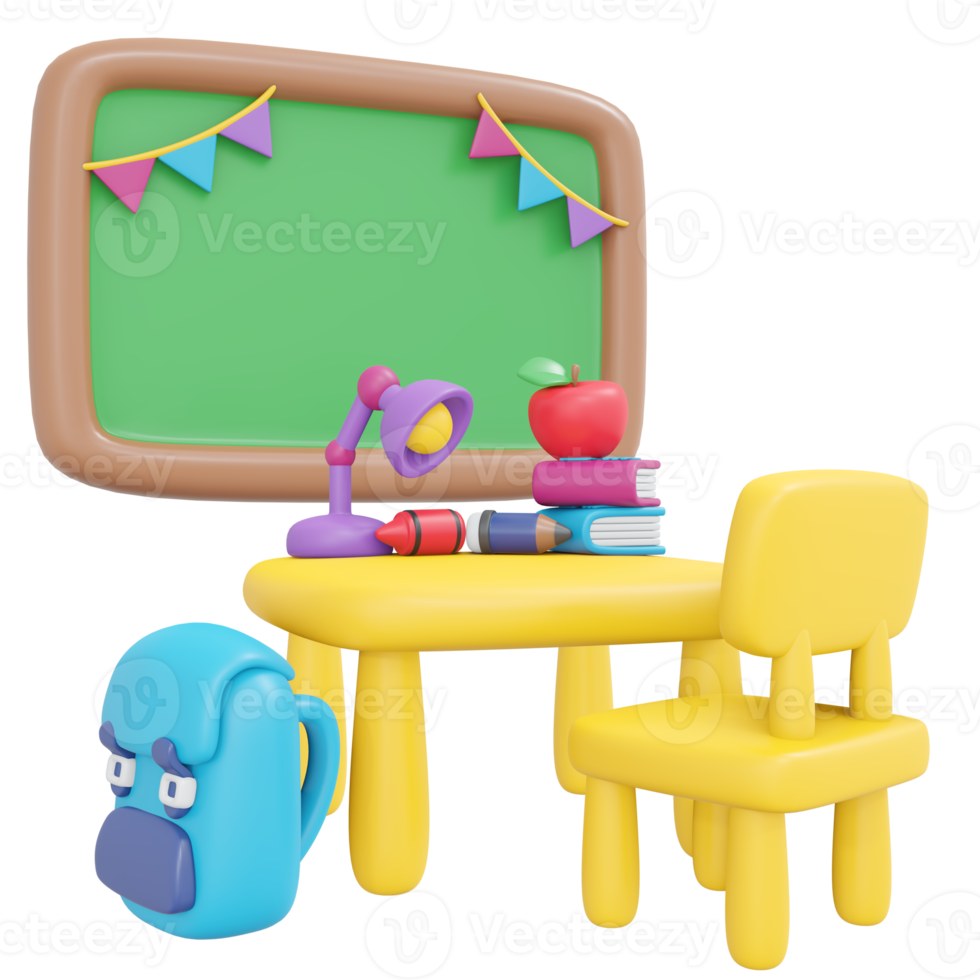 3D Rendering back to school table with education supplies and blackboard cute icon cartoon style. 3D Render illustration. png