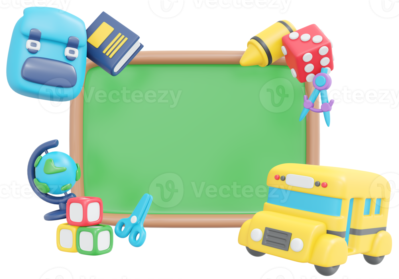 3D Rendering back to school education supplies and blackboard cute icon cartoon style. 3D Render illustration. png