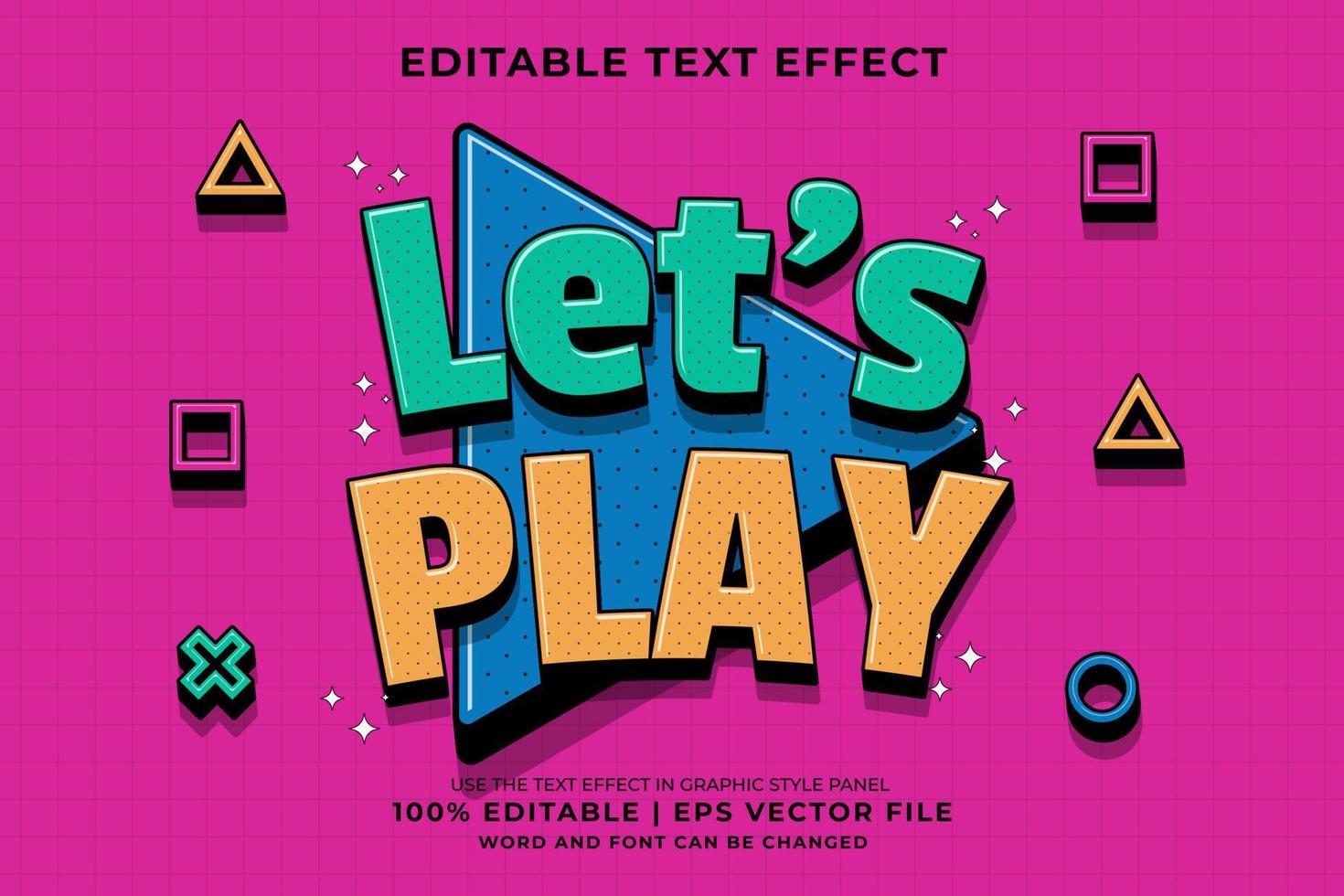 efecto de texto editable: juguemos al estilo de plantilla de dibujos animados tradicionales en 3d vector premium