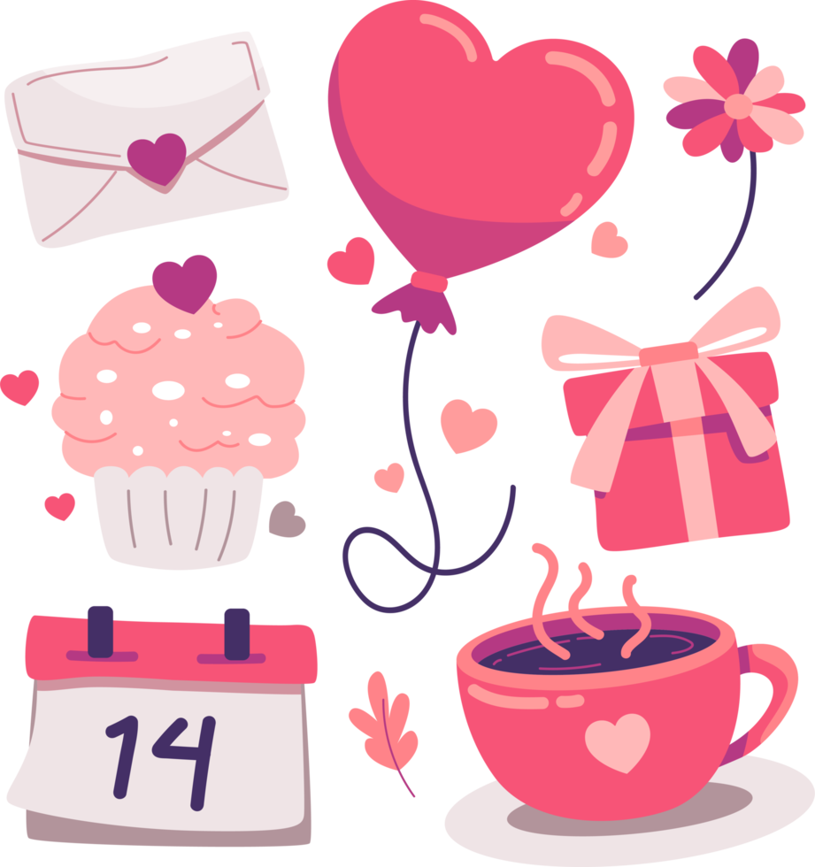 Icon set of Valentine's Day elements and objects design. Happy anniversary concept. png