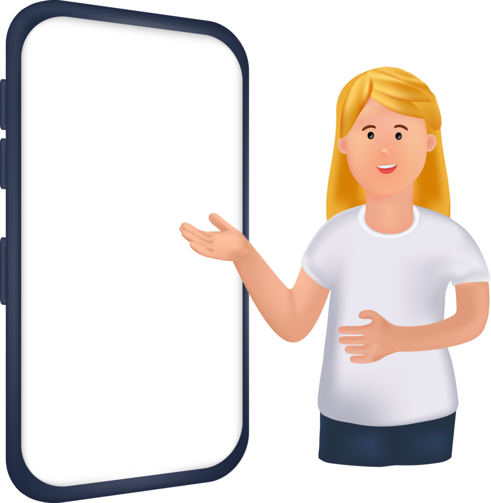 illustration portrait smiling young girl with a big phone. illustration of cartoon standing young girl with finger at blank screen png