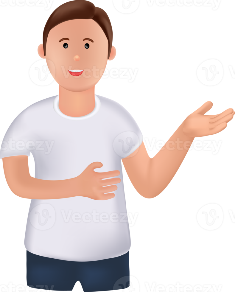 illustration of cartoon young man standing with pointing finger at blank space. illustration young man makes a presentation. smiling young man png