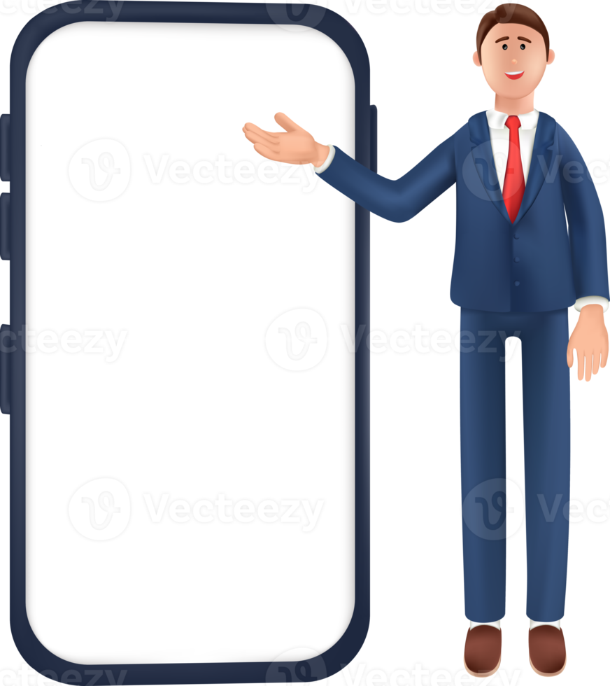 ilustración de un hombre de pie con traje apuntando con el dedo a la pantalla en blanco. ilustración de un hombre de negocios sonriente con un teléfono grande. empresario haciendo presentación png