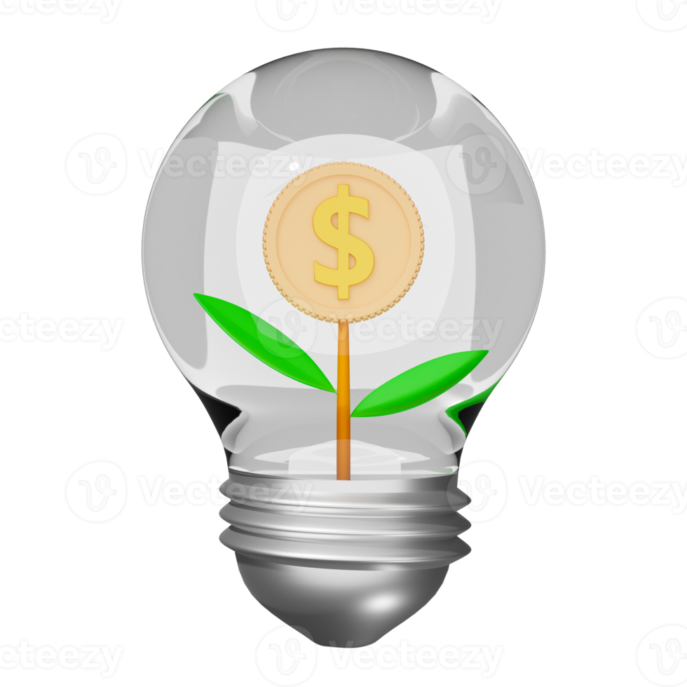 bombilla 3d aislada. sugerencia de idea de negocio, icono de dinero de árbol para concepto de banco, resumen mínimo, ilustración de presentación en 3d png