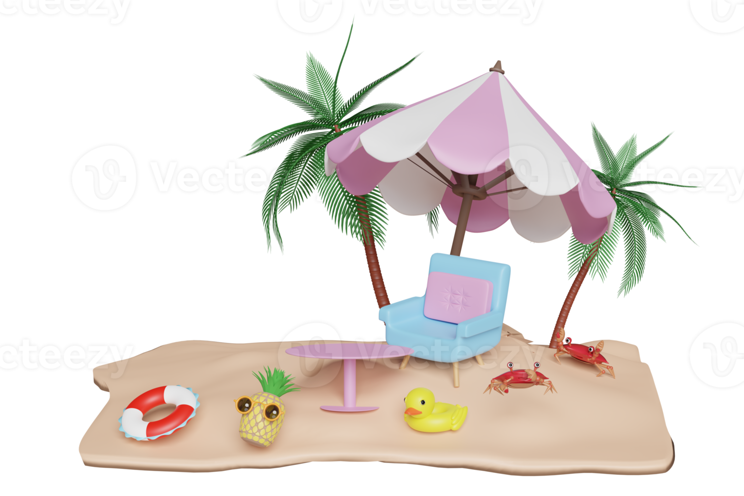 3d summer travel concept with sofa chair, palm tree, lifebuoy, seaside, pineapple, yellow duck, crab, sunglasses, beach, umbrella isolated. 3d render illustration png