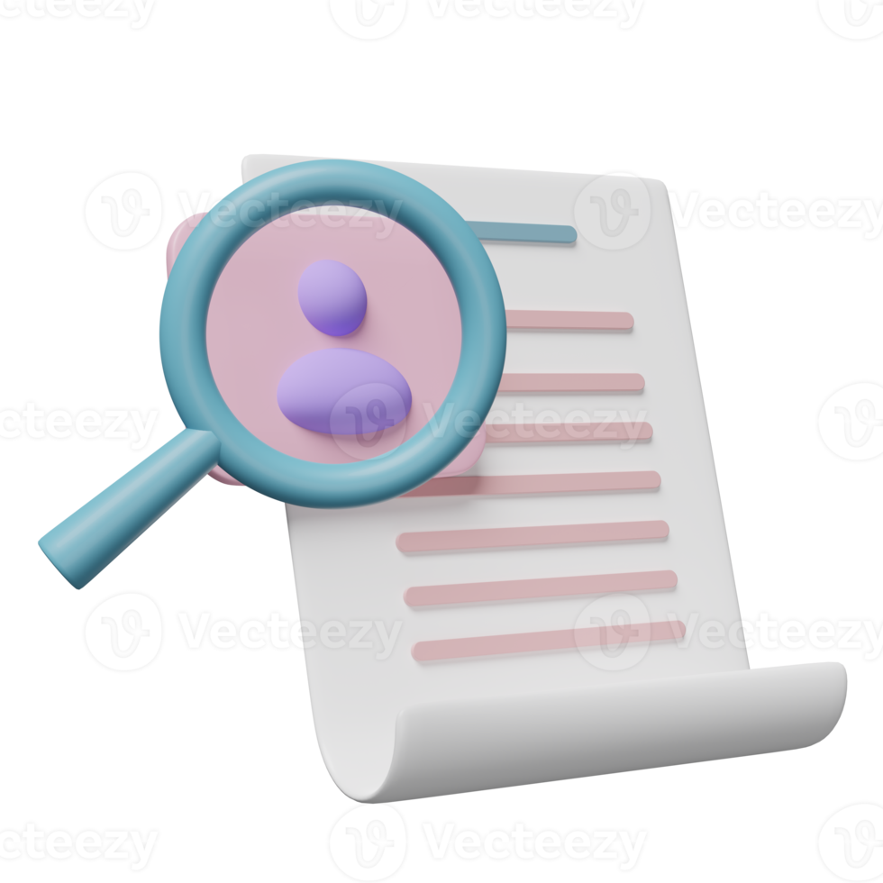 3d Id card with magnifying glass, checklist paper, clipboard isolated. recruitment staff, human resources, job search, job application concept,  3d render illustration png