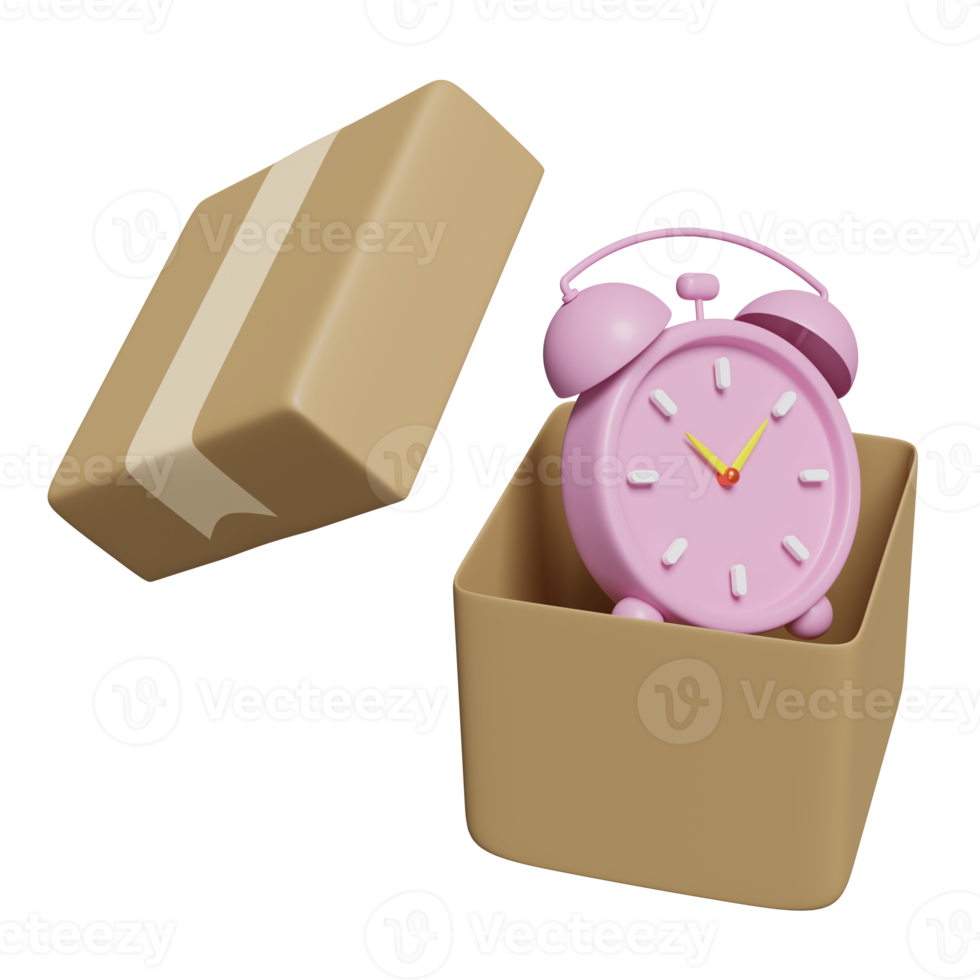 3d cartoon character alarm clock with open cardboard box isolated. fast delivery, delivery on time concept, 3d render illustration png