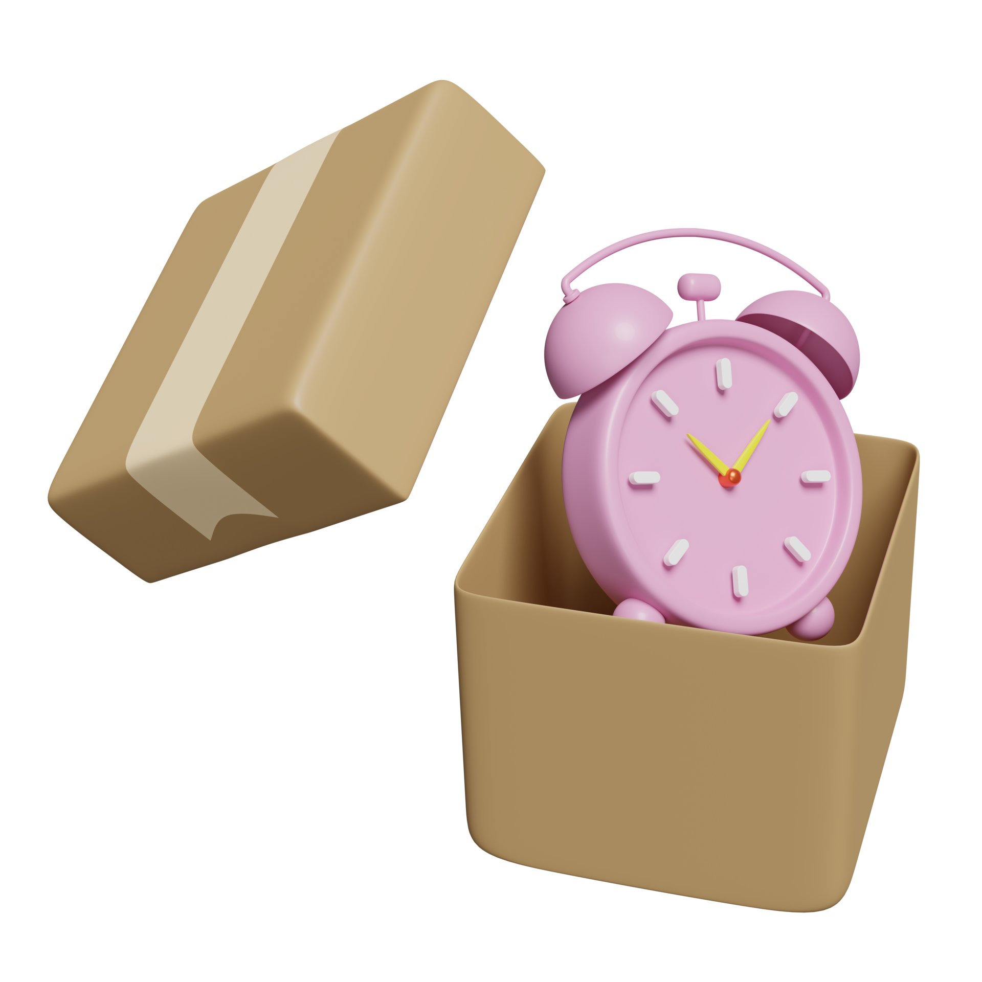 3d cartoon character alarm clock with open cardboard box isolated. fast