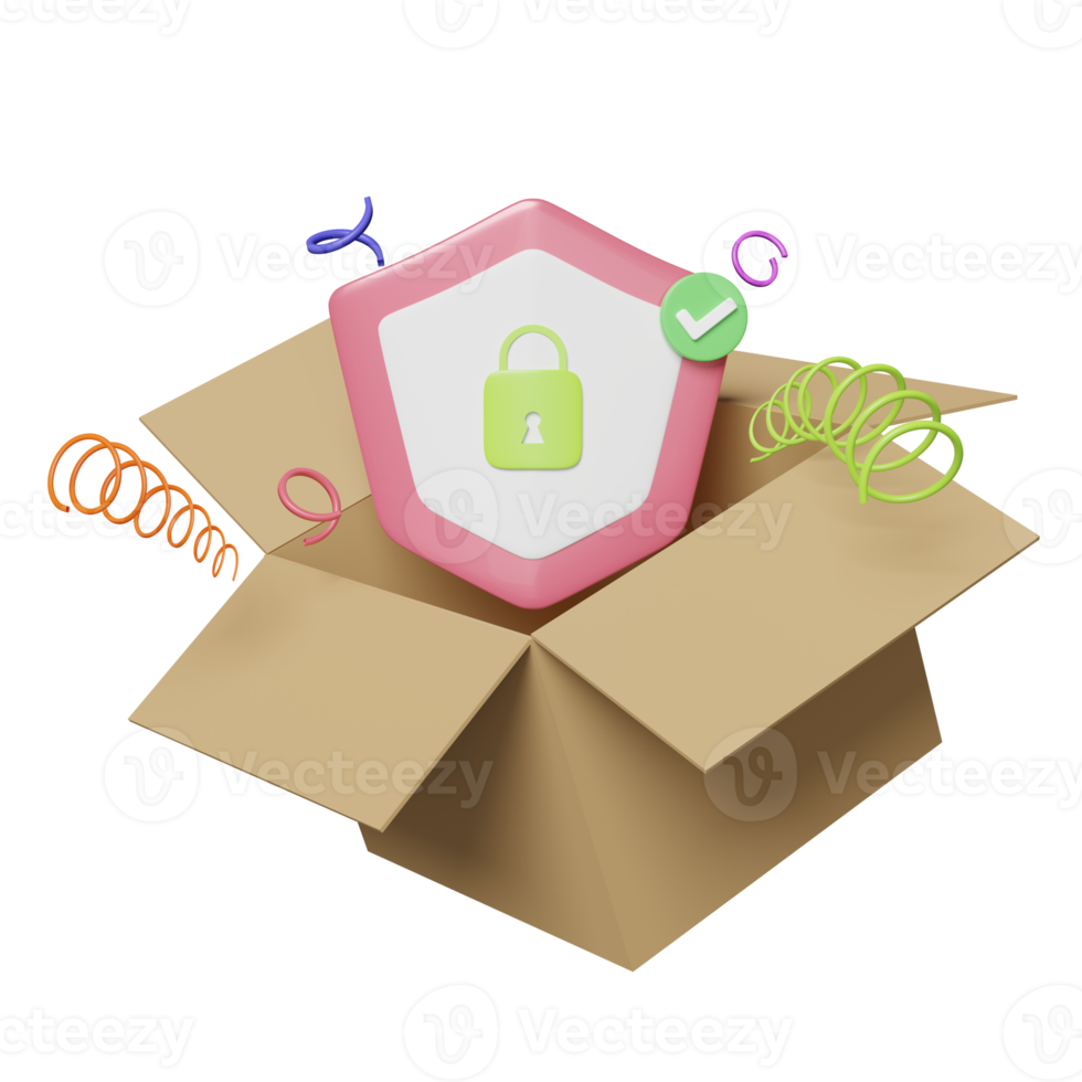 3d shield with open cardboard box, check mark isolated. fast delivery, protection, product warranty concept, 3d render illustration png