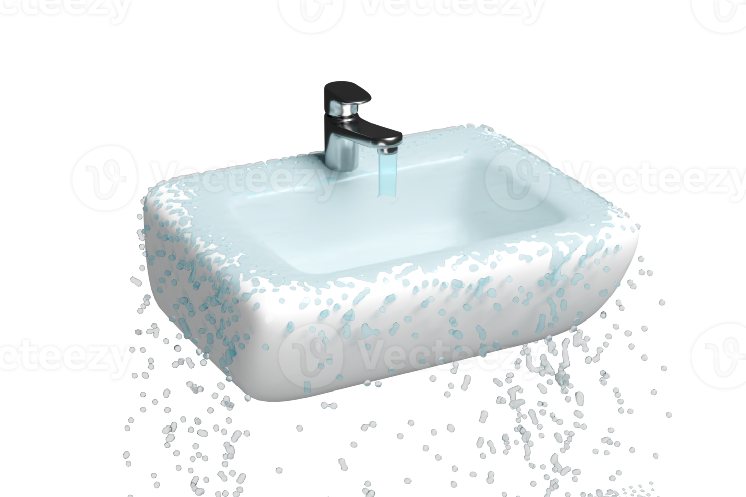 agua desbordante en el fregadero, lavabo aislado. ilustración de procesamiento 3d png