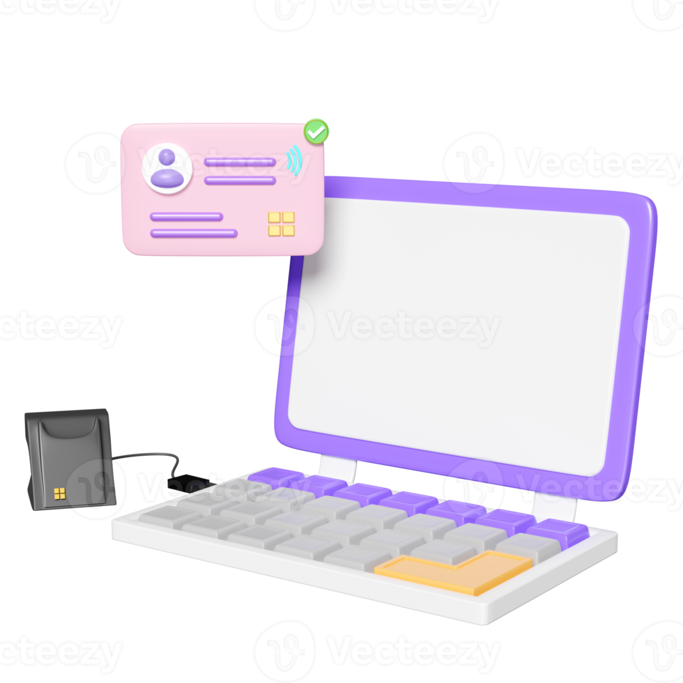 3d purple laptop computer with  smart card reader, external USB card reader, Id card, WiFi icon isolated. 3d render illustration png