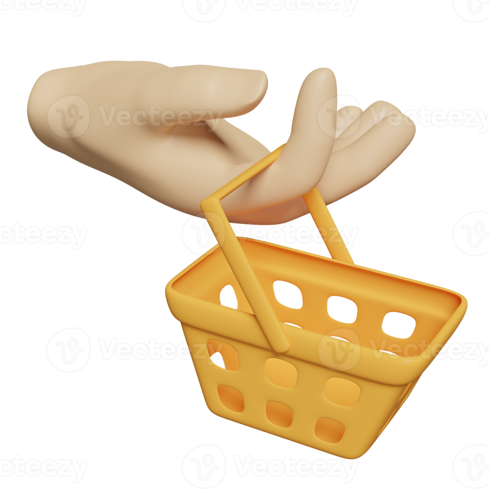hand holding empty shopping carts 3d or basket isolated. Concept 3d render illustration png