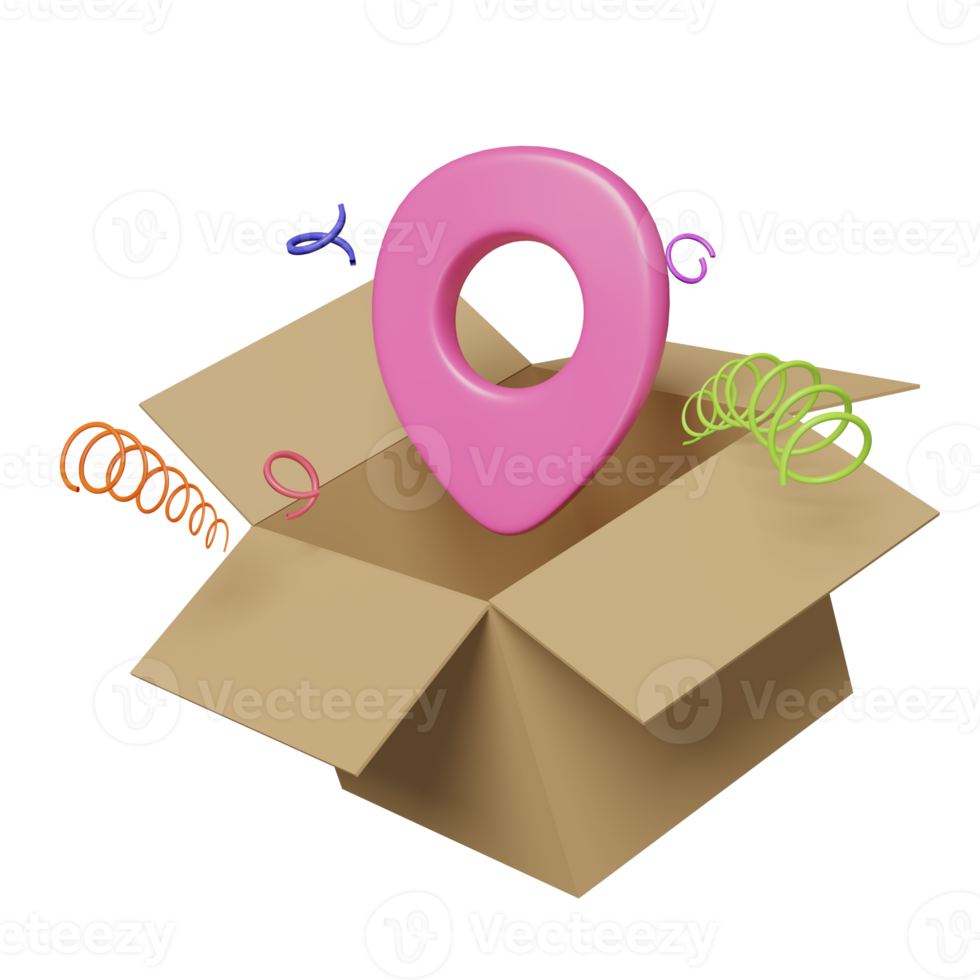 pin 3d with open goods cardboard box isolated. fast delivery concept, 3d render illustration png