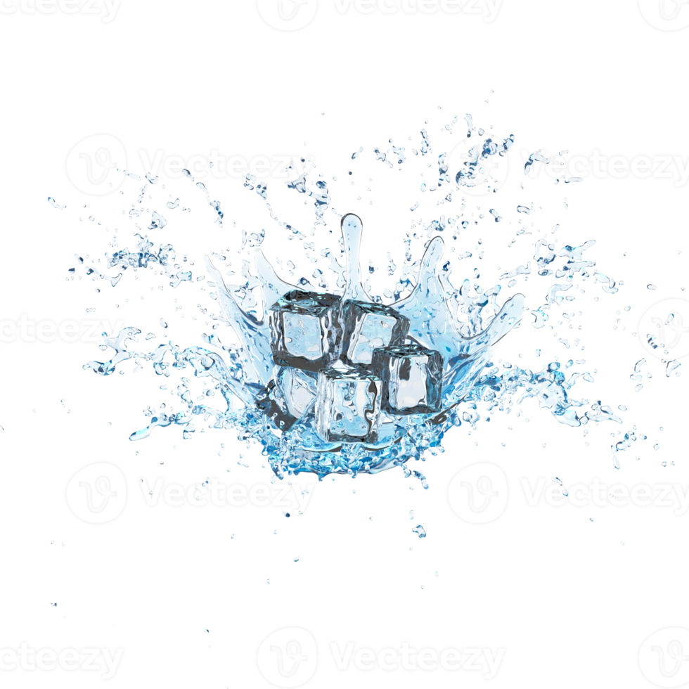 3d ice cubes with water splash transparent, clear blue water scattered around isolated. 3d render illustration png