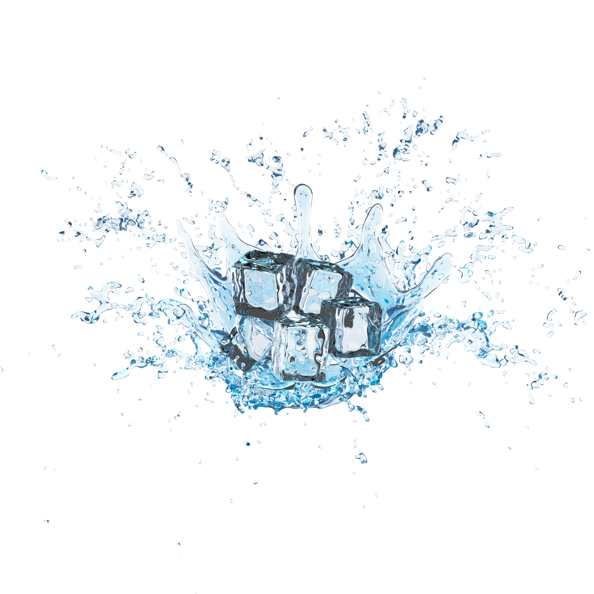 3d ice cubes with water splash transparent, clear blue water scattered