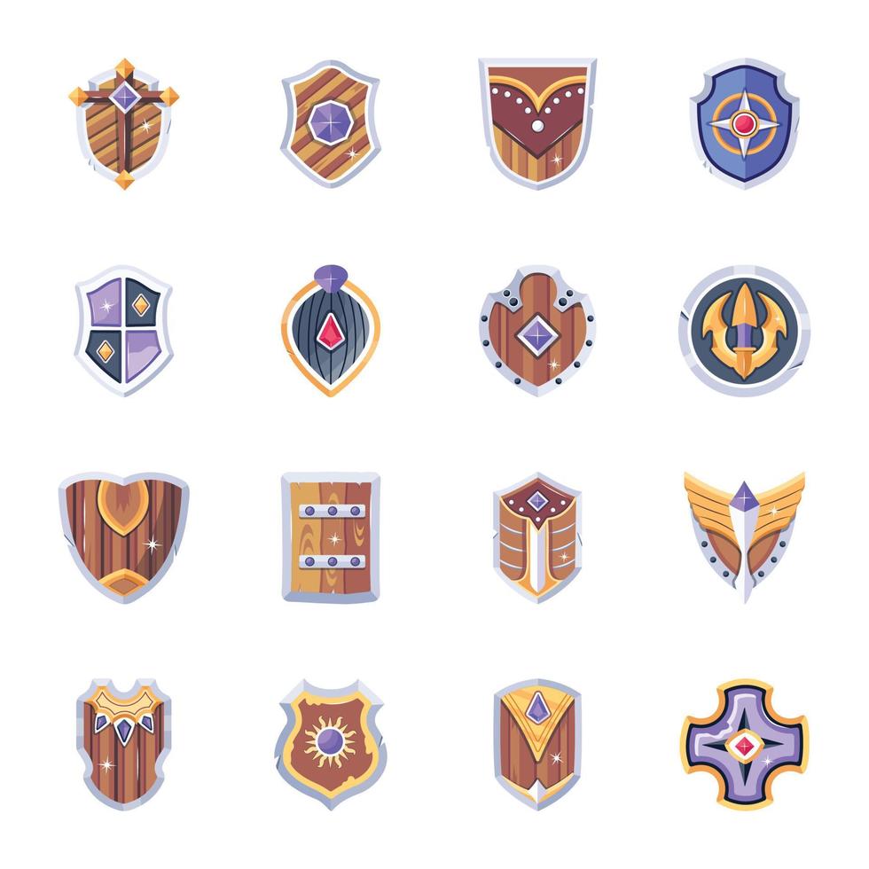 colección de iconos planos de escudos antiguos vector