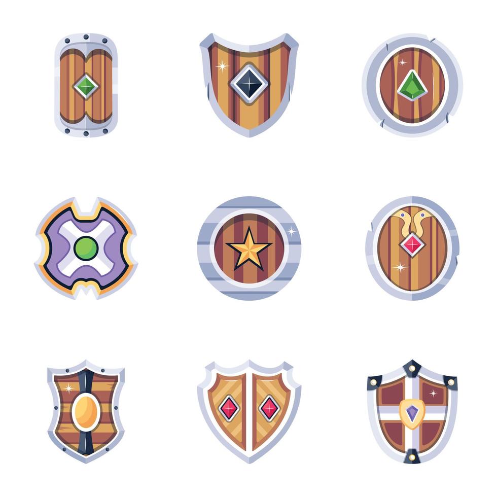 paquete de iconos planos de escudos de armadura vector