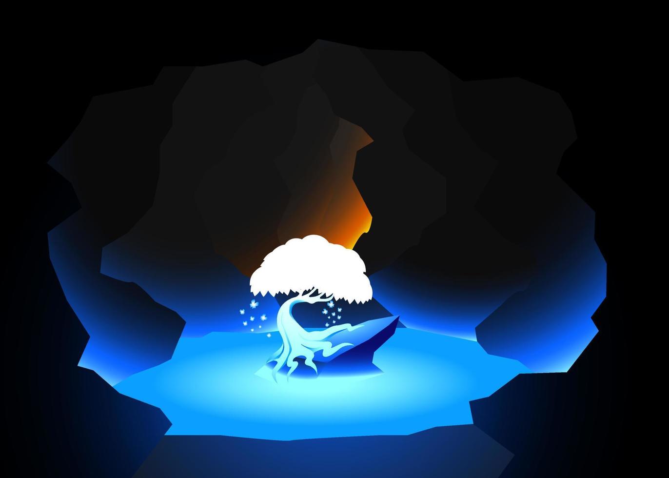 Beautiful nature fantasy illustration sacred magical ancient tree garden glow blue in a cave pond vector