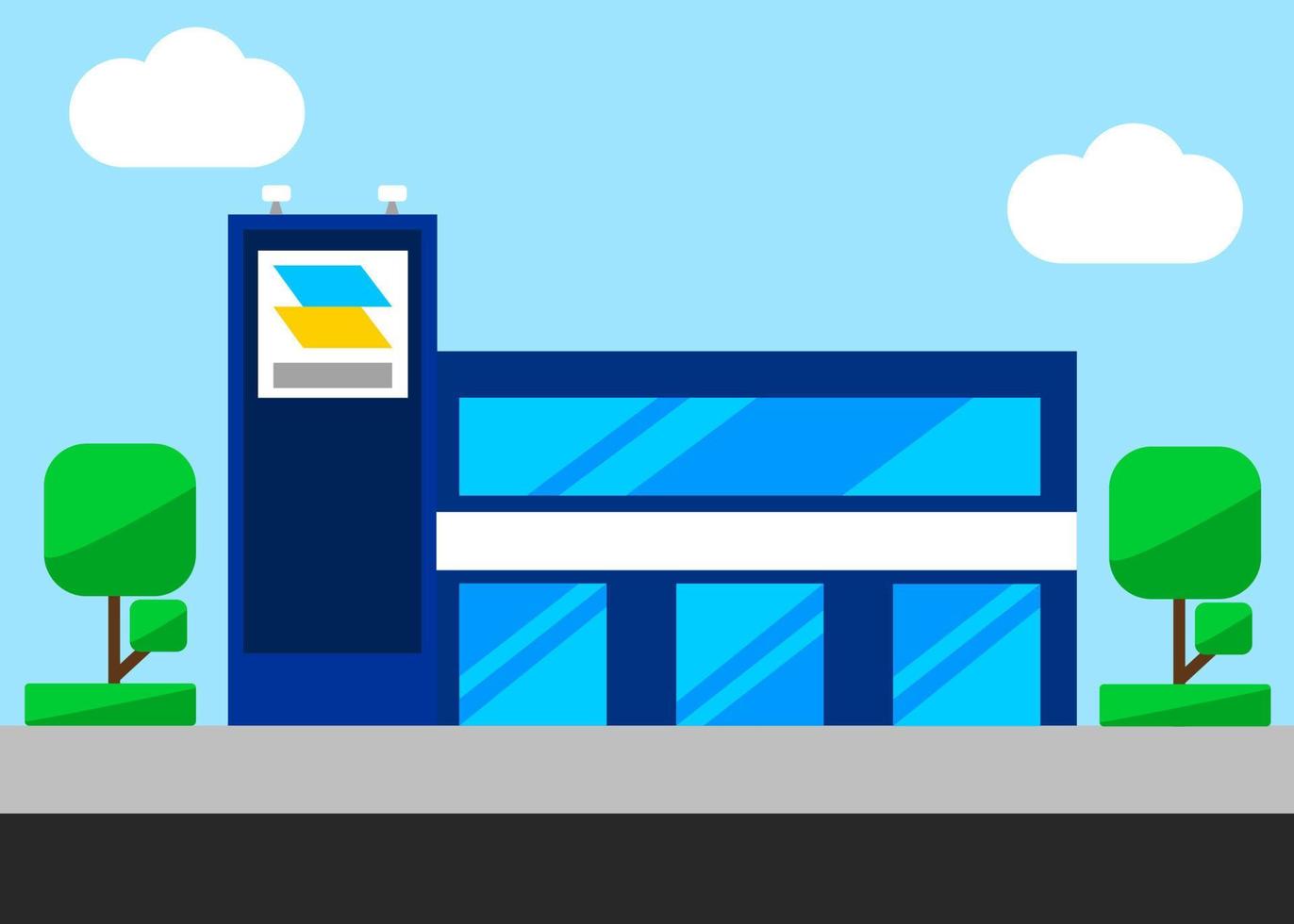 Beautiful Flat Design Cartoon city office blue building with tree vector