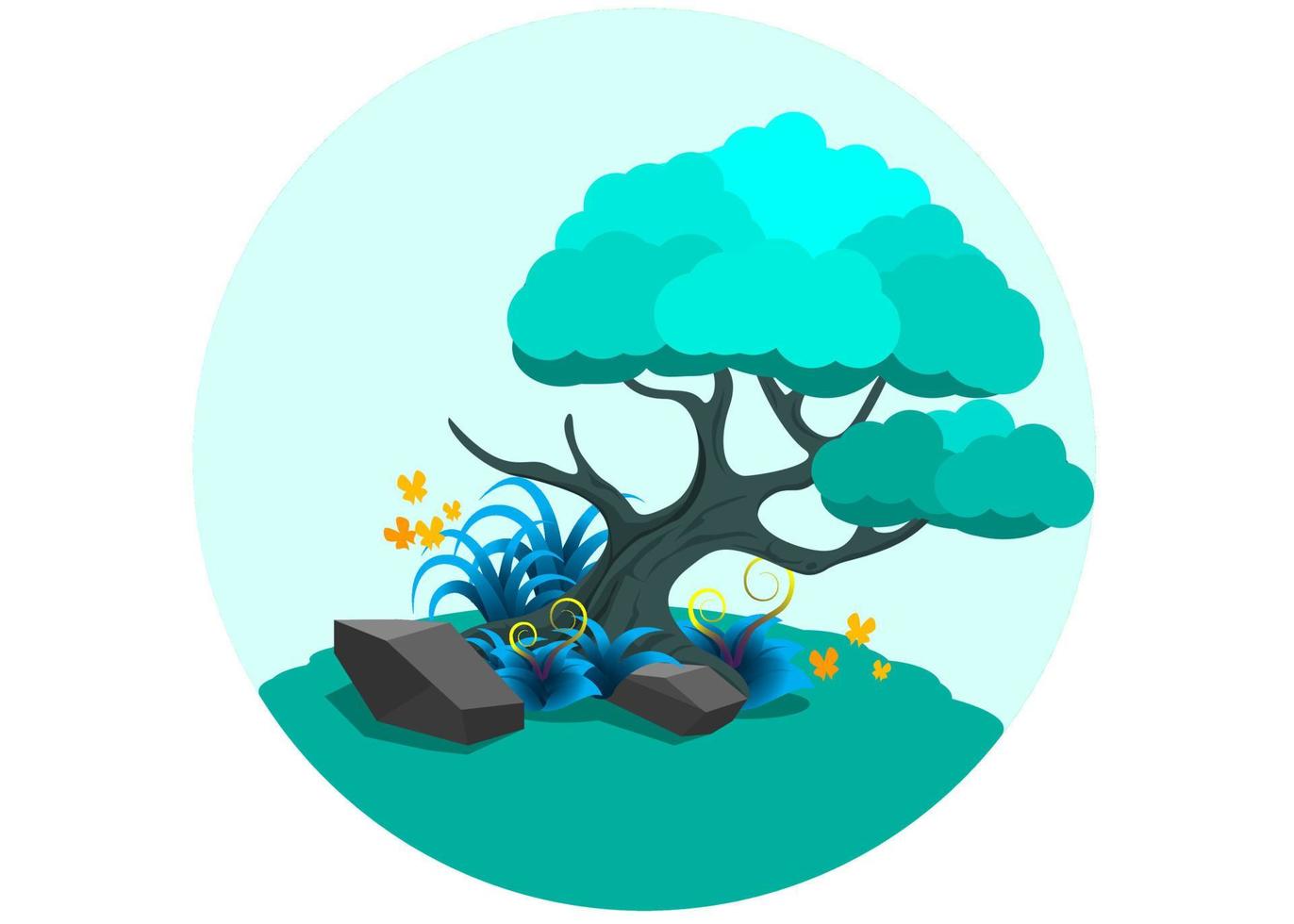 Fantasy Ancient Sacred cold blue ice Tree Jungle cartoon isolated circle vector