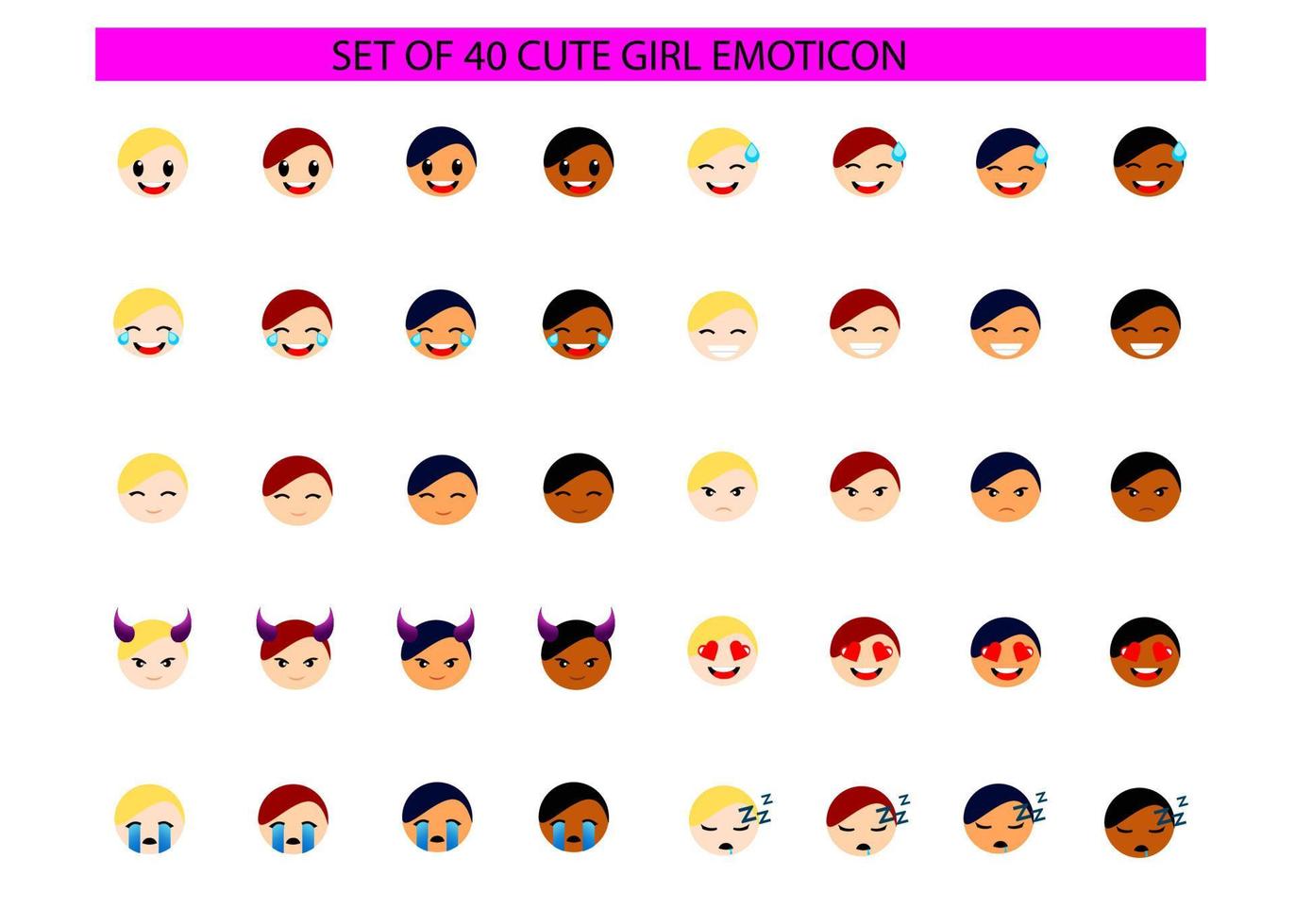 Beautiful simple cute cartoon emoticon emoji girl or woman with various skin and hair color vector second
