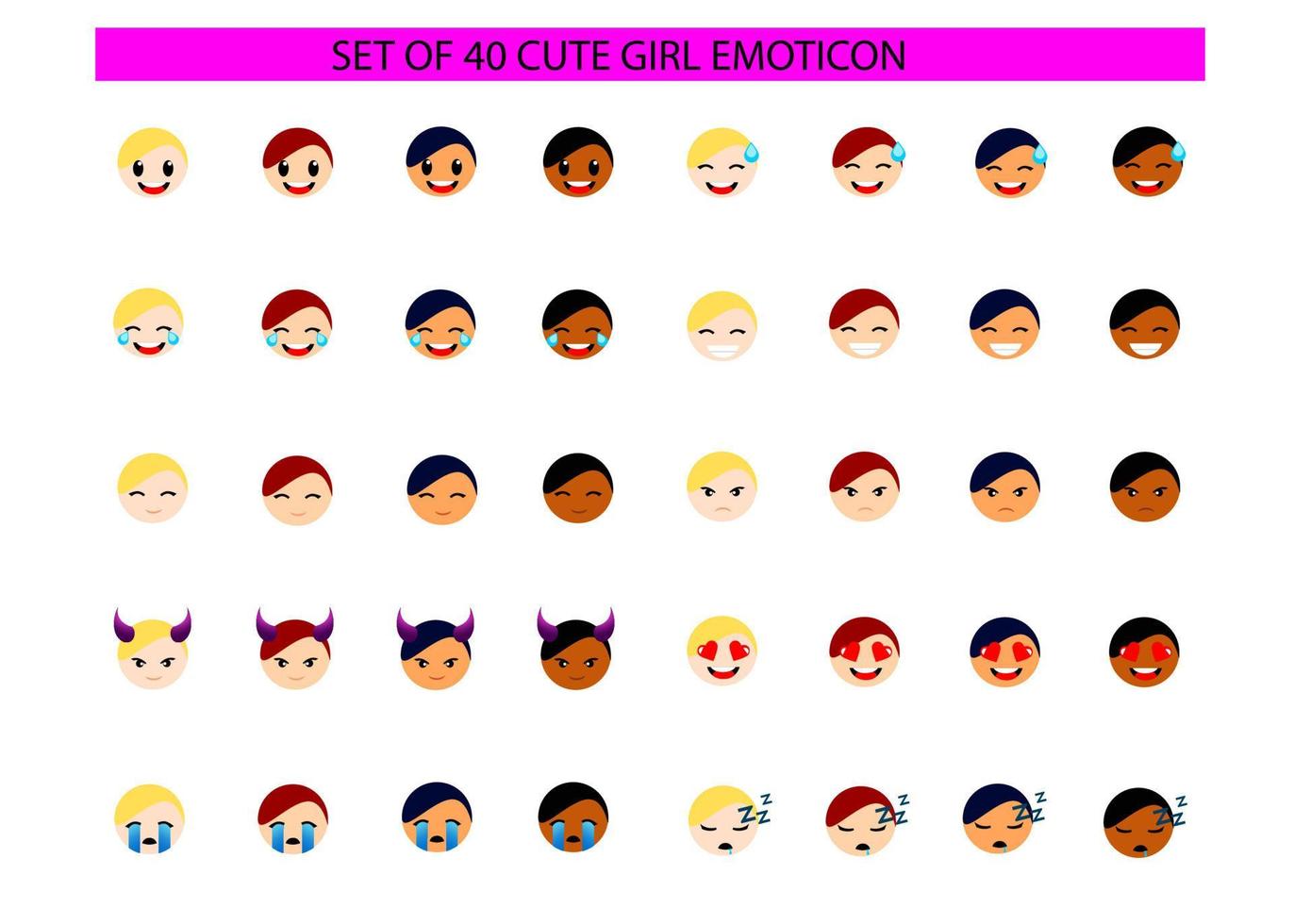 hermosa simple linda caricatura emoticono emoji niña o mujer con varios colores de piel y cabello vector segundo