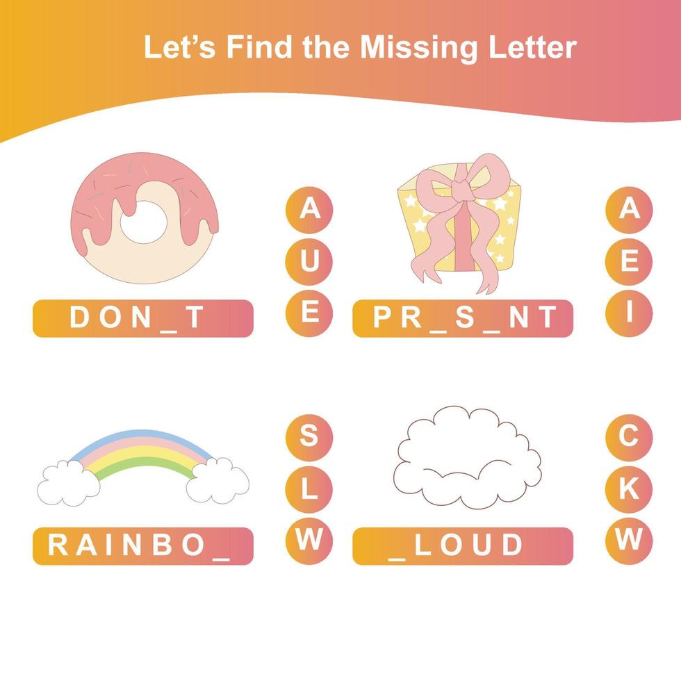 Find the missing letter of the Unicorn game for Preschool. Missing letters of unicorn game and write them in the appropriate places. vector