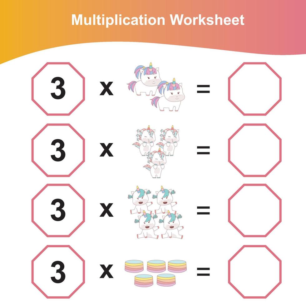 Hoja de trabajo de multiplicación para niños. hoja de trabajo de matemáticas preescolar. hoja de trabajo de matemáticas para imprimir. vector