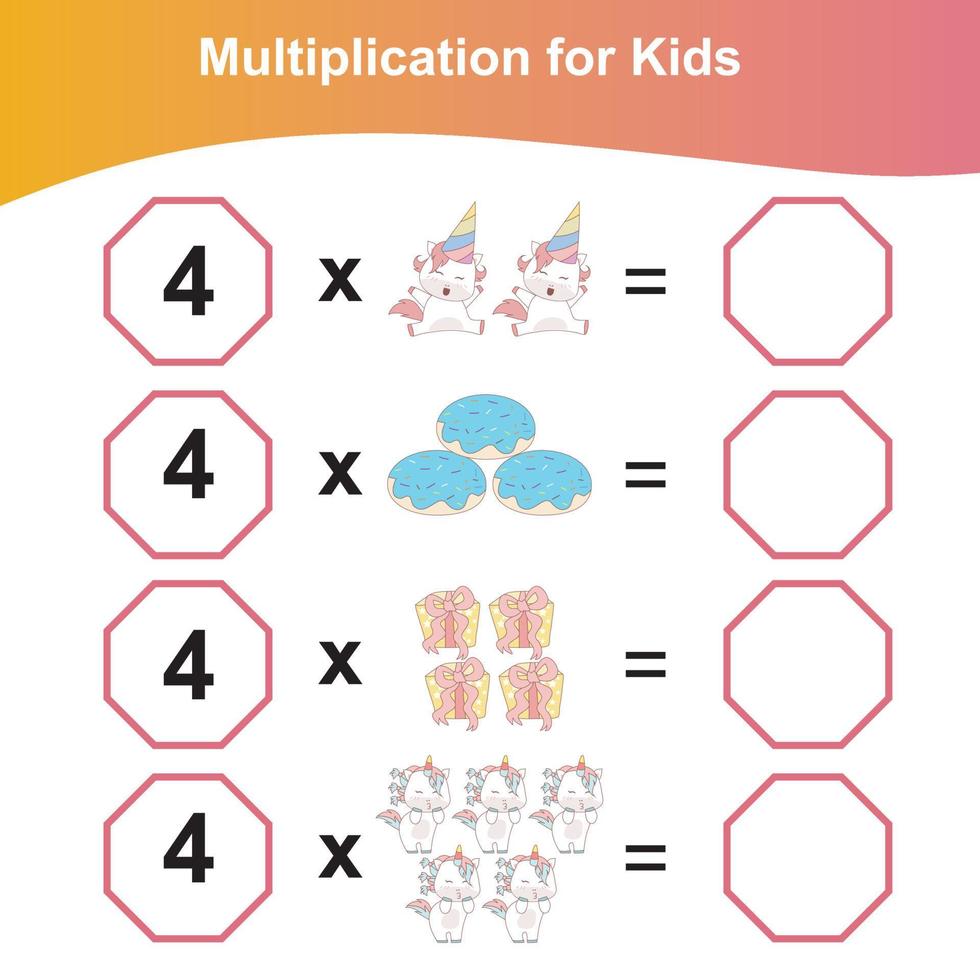 Hoja de trabajo de multiplicación para niños. hoja de trabajo de matemáticas preescolar. hoja de trabajo de matemáticas para imprimir. vector