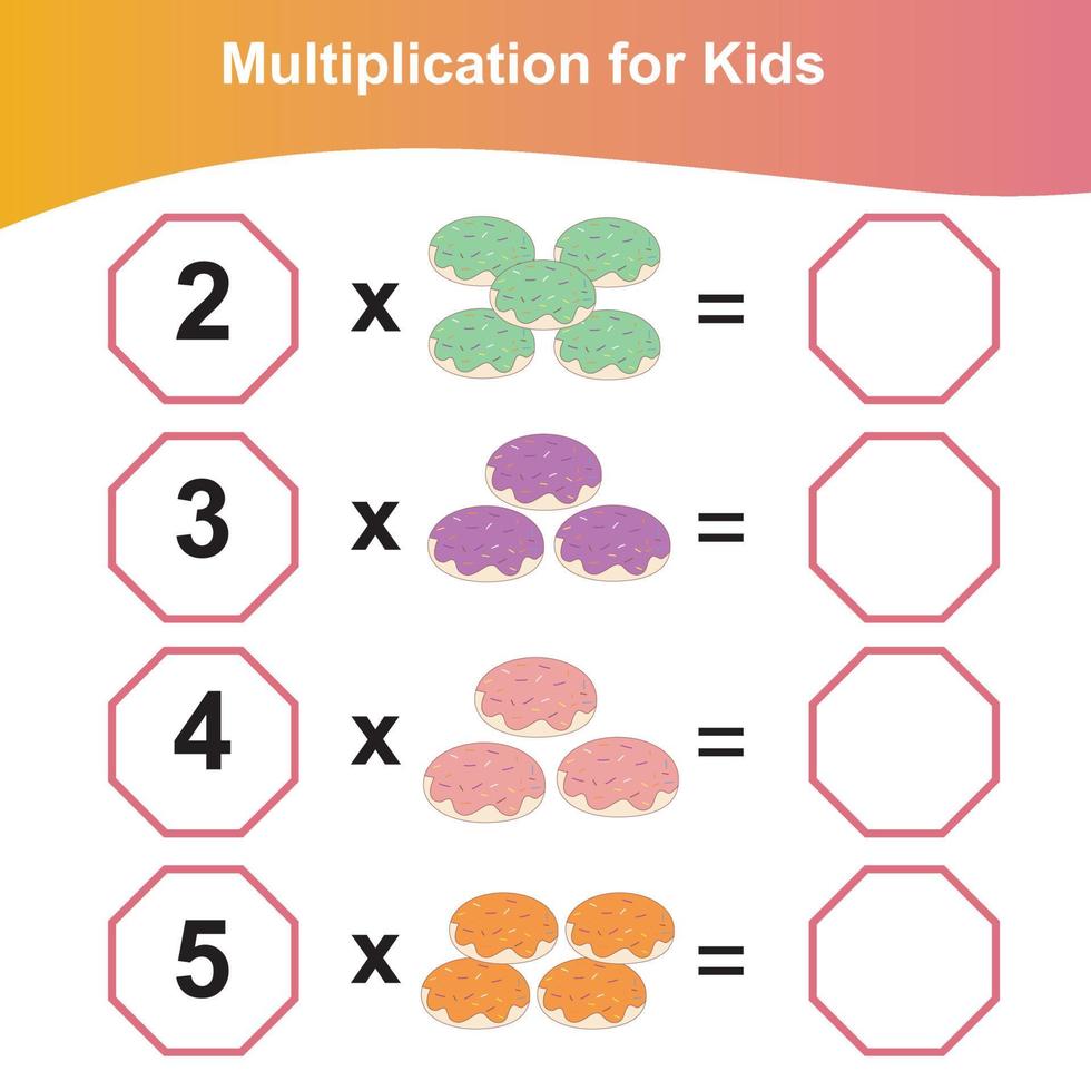 Hoja de trabajo de multiplicación para niños. hoja de trabajo de matemáticas preescolar. hoja de trabajo de matemáticas para imprimir. vector